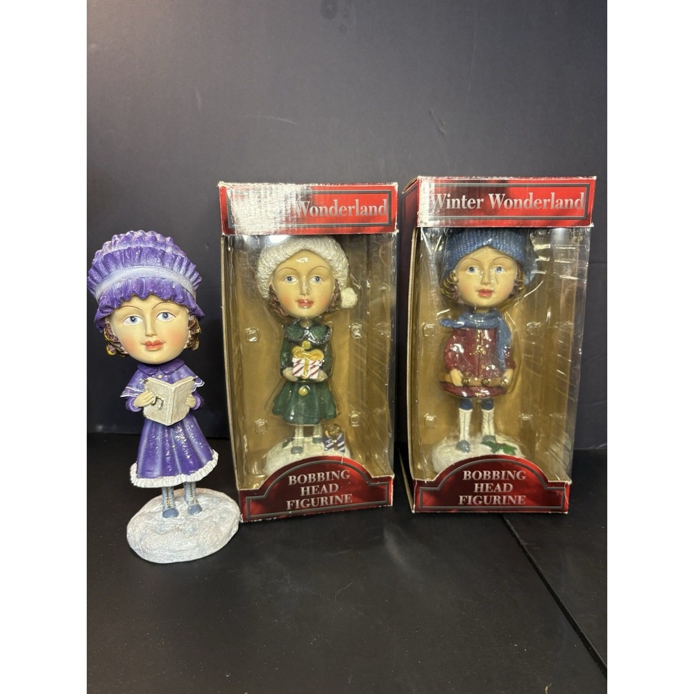 Set Of 3 Christmas Themed Winter Wonderland Bobbing Head Figurines Bobbleheads